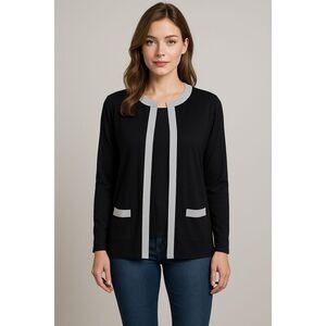 Misook Open Knit Gold Trim Cardigan Black Size M